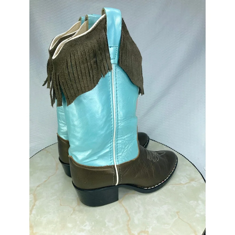 Old West Fringe Leather Western Boots Youth Sz 4.5 Turquoise Bronze Cowboy Rodeo
